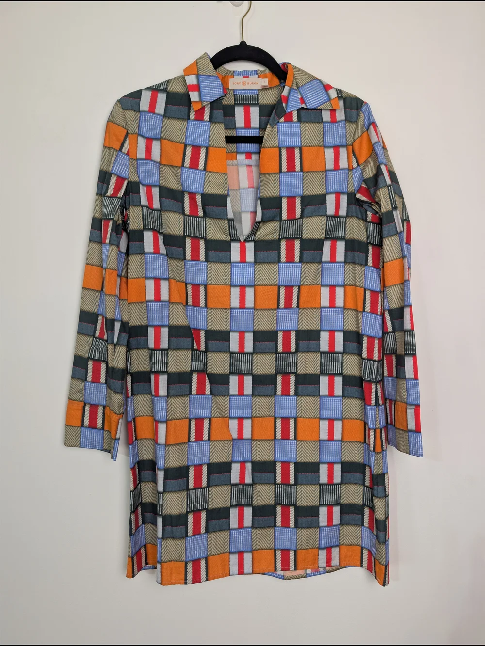 Tory Burch Geometric Block Print 100% Cotton Shirt Dress Size 2 Colorful Preppy
